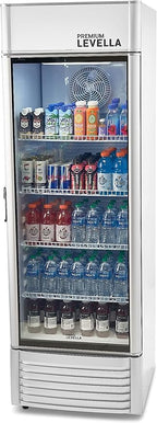 PremiumLevella PRF155DX Glass Door Display Refrigerator 15.5 cu ft Commercial Beverage Cooler Merchandiser With Customizable Lightbox - Silver