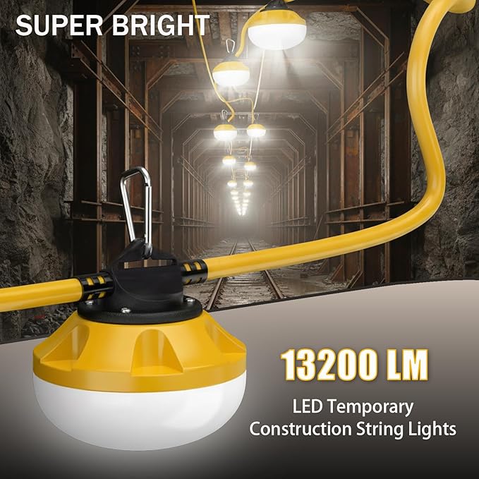 120FT LED Construction String Lights, 12 Bulbs Waterproof Linkable Industrial String Work Lights & Hooks, 5000K Daylight Temporary Lighting for Jobsite Attic Cralspace