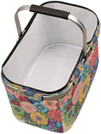 Flowers Collapsible Market Basket, Colorful Floral Leakproof Folding Collapsible Portable Picnic Basket Strong Aluminum Frame for Travel, Shopping, Camping & Lake Trips