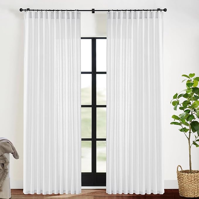 White Curtains 70 Inch Wide by 84 Long for 72 in Width Window,2 Panels Linen Cotton Back Tab Hooks Pleated Light Filtering Semi Privacy Extra Wide Sheer Curtains for Bedroom Living Room,70x84 Length