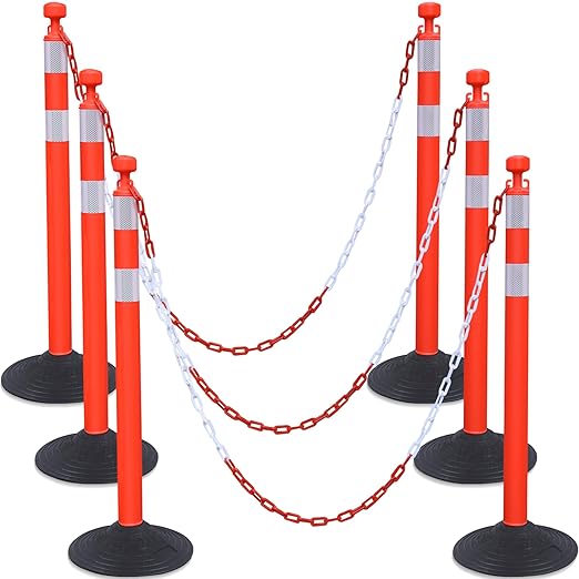 OrangeStar 6 Packs Traffic Delineator Post Cones, 40" Safety Barrier with 6.6 Ft Link Plastic Chains, Crowd Control Stanchion Sets w/Rubber Base for Parking Lot, Road Work, Queue Management, Red