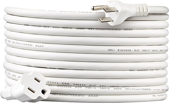 Amazon Basics Extension Cord, 20 Ft, 3 Prong Outlet Extender, Indoor Extension Cord, 13 Amps, 125V, White