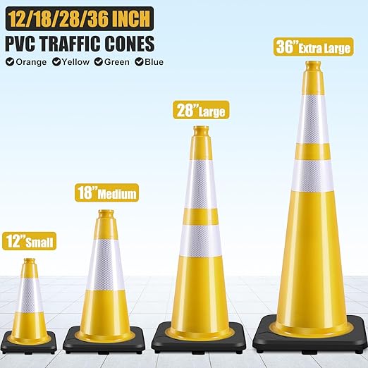 Fluorescent Orange/Green PVC Traffic Cones, Heavy Black Base Parking Lot Cone Structurally Stable Weatherproof Road Construction Safety Cones (8, Yellow, 36" Extra Large)