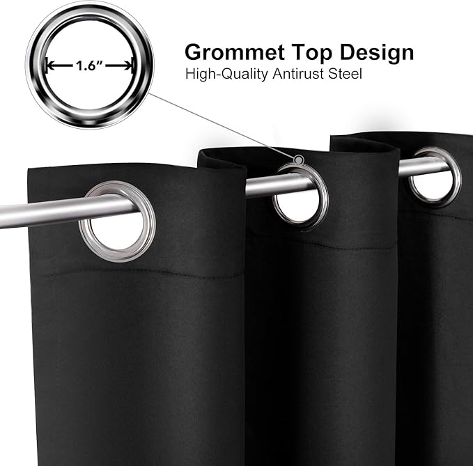ChrisDowa Blackout Curtains 90 Inches Long for Living Room, Grommet Thermal Insulated Room Darkening Curtains for Bedroom (1 Panel Set, Black, 52W x 90L)