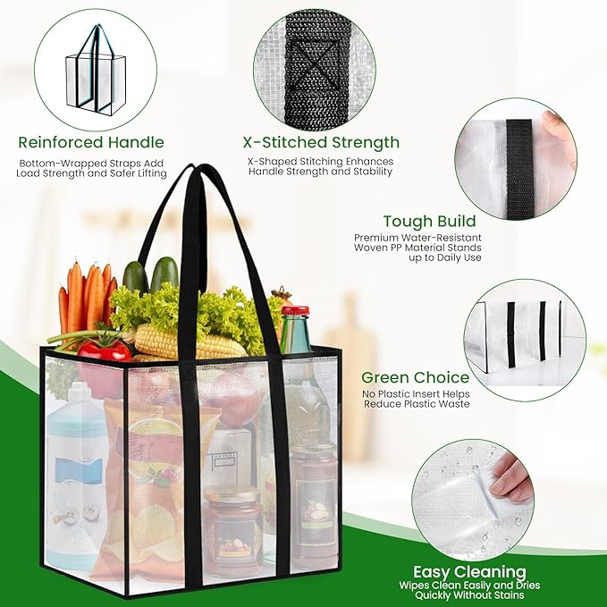 6 Pack Reusable Grocery Bags, Heavy-Duty Shopping Bags with Sturdy Handles, Water-Resistant & Foldable Organizer, Shopping Bags for Groceries, Market, Car Trunk, Multi-Purpose, 42L