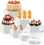 Leinuosen 7 Pcs Large Hexagonal Buffet Risers Set 6" to 12" Acrylic Display Box Catering Dessert Table Riser Food Display Decorative Stand with Hollow Bottom for Catering Supplies(White)