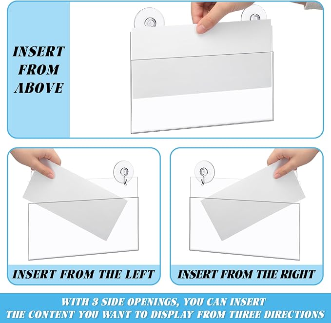 3 Pcs Acrylic Window Sign Holder Hanging Acrylic Sign Holder 8.78 x 4 Inch Office Door Signs Holder with Suction Cup Hooks for Glass Window Office School Home Store Restaurant