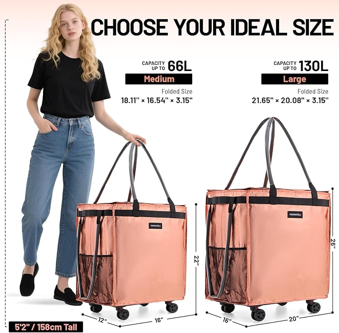 (Medium) Fanwoli Reusable Grocery Bag On Wheels with Removable Liner | Wrinkle-Resistant Fabric | Enhanced Stability Wheels & Extended Handle | Foldable Shopping Trolley for Laundry, Carries Up to 66L