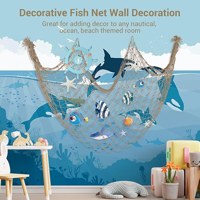 2 Pack Fish Net Decorations - 80x40 Inch Brown Fishing Net Decor for Under The Sea Hawaiian Beach Themed Party, 3mm Thick Natural Cotton Versatile Nautical Netting for Party Wall Table Ceiling Decor