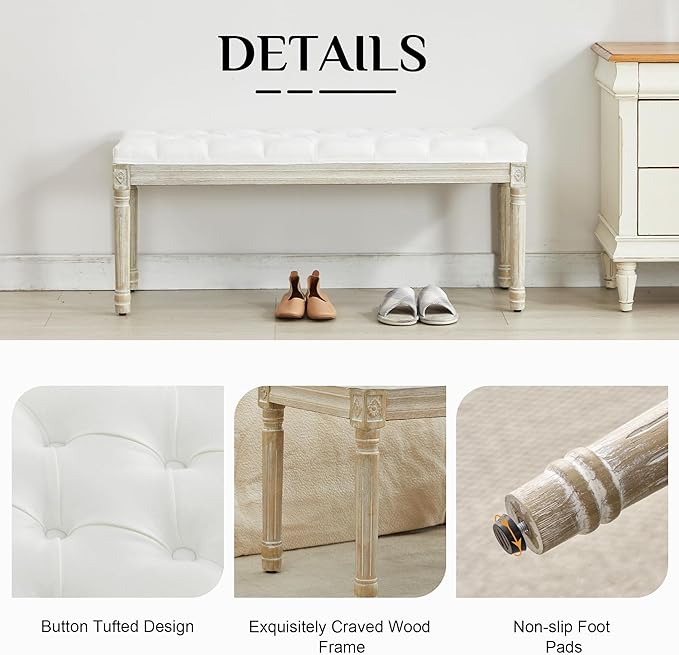LOULENS 43.9" Linen Fabric End of Bed Bench, Vintage French Upholstered Button Tufted Entry Bench, Window Seat with Carved Wood Legs for Bedroom, Living Room, Entryway, Foyer, Hallway, White