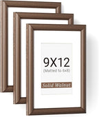 Natural Walnut 9x12 Picture Frames Mat to 6x8 Picture Display Set of 3,Original Wood Handcrafted 9x12 Wooden Photo Frame with Tempered Glass Graduation Family Wedding Pictures Tabletop & Wall Decor