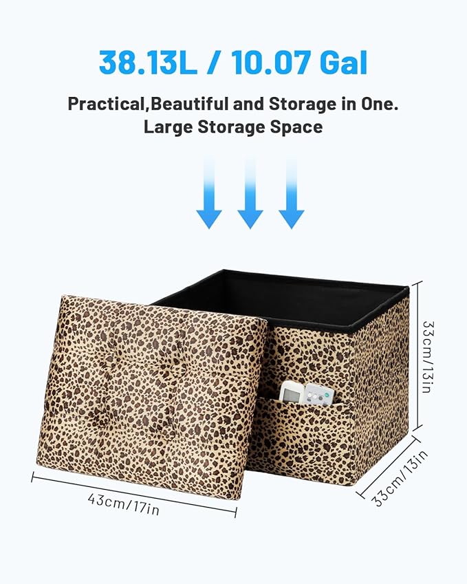 Storage Ottoman Foot Rest Stool, Small Velvet Storage Ottomans Bench, Folding Footstool with Side Pockets, Foot Rest Under Desk for Living Room Bedroom, 17x13x13 in, Leopard Print 2 Pack