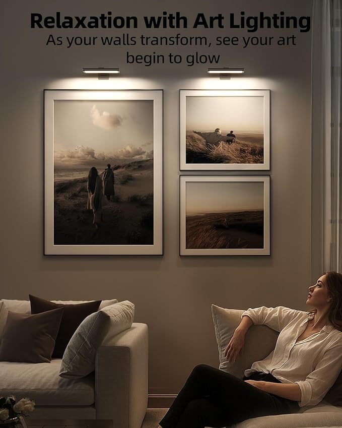 EZVALO Picture Light for Wall, Rechargeable 2400mAh Battery Lights Wireless Remote, 3 Color & Dimmable Magnetic 8'' LED Lights Display for Painting, Living Room, Gallery, Bedroom, Dashboard(Black-2P)