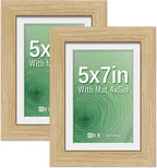 VCK 5x7 Picture Frame 2 Pack - Natural Oak, High-End Wood Poster Frames with Tempered Glass, Display 4x6 Photo with Mat or 5x7 without Mat, Art Gallery-Quality, Wall Hanging/Tabletop, Natural Oak