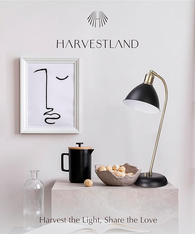 HarvestLand Halo Black and Brass Desk Lamp – Adjustable Desk Lamp with Metal, Industrial Table Lamp with Solid Base for Home Office, Bedside Table Lamps, Task Lamp, Reading lamp, Christmas Gifts