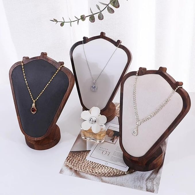 Walnut Color Body Wood Necklace Display Stand with Gray Flannelette Soft Mat Necklace Holder Organizer Desktop Stand for Home Store Dresser-4.45"x8.4"x12"