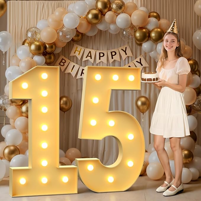 Mixifox 4FT Marquee Numbers 15, Large Light up Number 15 for Birthday Party Supplies, Sign, Backdrop, Happy 15th Birthday Decorations for 15 Years Old