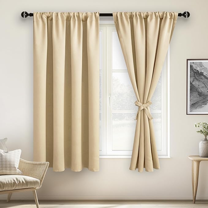 JIUZHEN Blackout Curtains for Bedroom– Thermal Insulated,Noise Reducing Room Darkening Privacy Drapes for Living Room, Set of 2 Panels with Tiebacks, 52 x 63 inch Long, Light Beige