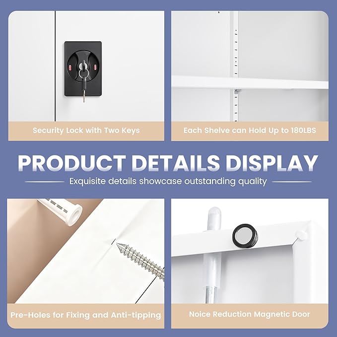 Metal Storage Cabinet，Garage Storage Cabinet with 2 Lockable Doors and 2 Adjustable Shelves, 36'' Steel Tool Cabinet for Garage, Office, Home, School(White)