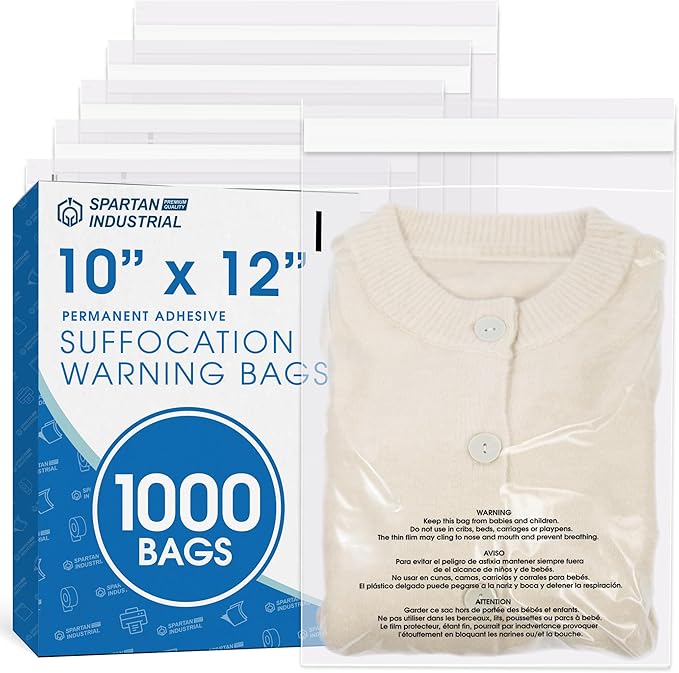 Spartan Industrial - 10" X 12" (1000 Count) Self Seal Clear Poly Bags with Suffocation Warning for Packaging, Shipping - Permanent Adhesive