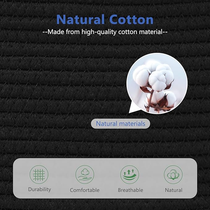 Cotton Rope Basket, Storage Baskets with Handle, 15x10x9 Inch Woven Basket for Shelves, Laundry, Towels, Clothes, Books (Black 1Pack)