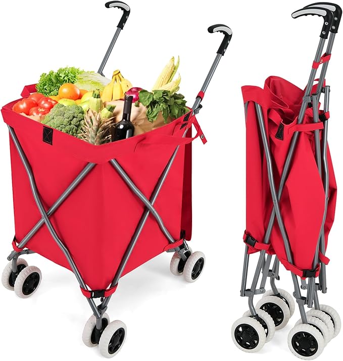 GOFLAME Folding Shopping Cart on Wheels, Waterproof Grocery Cart with Removable Cover and 360° Swiveling Wheels, Collapsible Utility Cart for Groceries and Laundry, 120LBS Load Capacity, Red