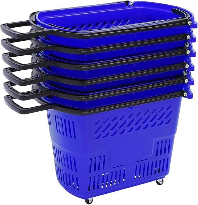 35L 6PCS Shopping Carts with Wheels and Handle, Plastic Rolling Basket, Portable Shopping Baskets Set for Supermarkets and Retail Stores