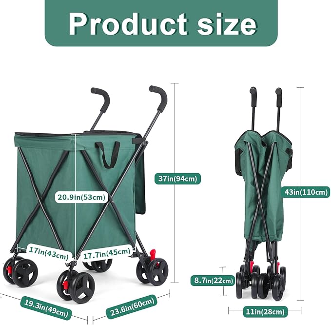 27 Gal/180 LBS Capacity Shopping Cart, Upgrade Huge Grocery Cart on Wheels,Heavy Duty Foldable Utility 360° Rolling Swivel Wheels for Shopping Picnic Groceries Laundry (Dark Green)
