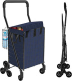 Folding Shopping Cart with Waterproof Liner, Heavy-Duty Stair-Climbing Grocery Cart with 360° Swivel Wheels - Extended Foam Handle - Utility Trolley for Laundry, Travel, Shopping (Blue)