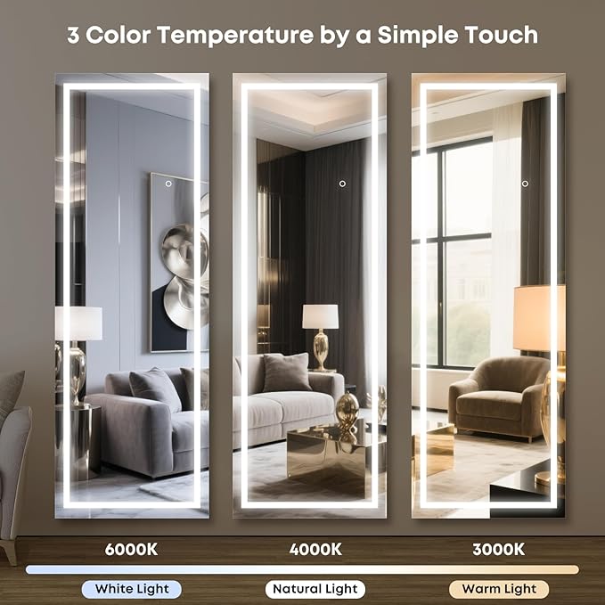 Kosmonia 67x24 Frameless Full Length Mirror, Dimmable 3 Color LED Light w/Memory Function, Distortion Free, HD Reflection & Anti Desilvering, Tempered Glass & Shatter Proof Film Doubling Safety