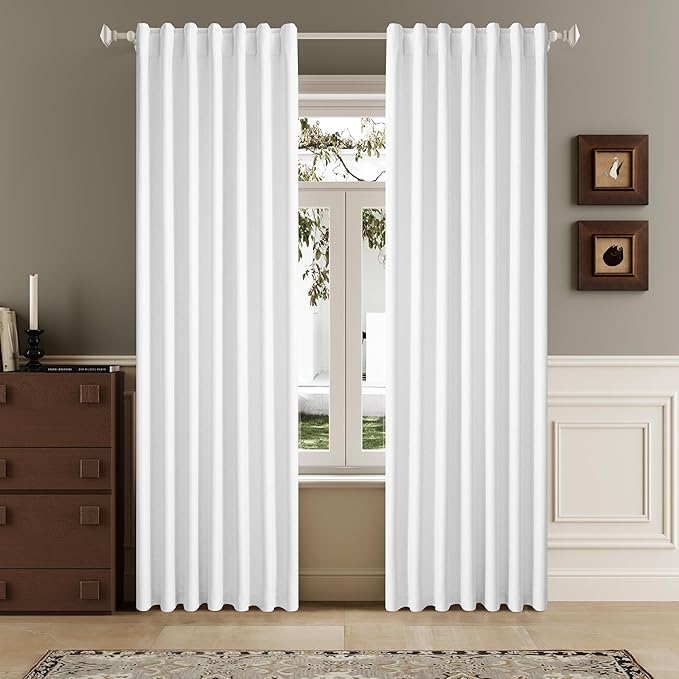 DUALIFE 100% Blackout Linen Pure White Curtains 84 Inch for Living Room Darkening, Bedroom Linen Drapes 84 Inches Long Rod Pocket/Back Tab Heat Blocking Bohemian Pleated Window Curtain(50"x84"x2)