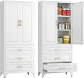 Kitchen Pantry Cabinet, 75" Tall Pantry Cabinet with Three Drawers, Metal Storage Cabinets with Doors and Shelves, Freestanding Food Cupboard for Dining, Living Room, White, Assembly Required