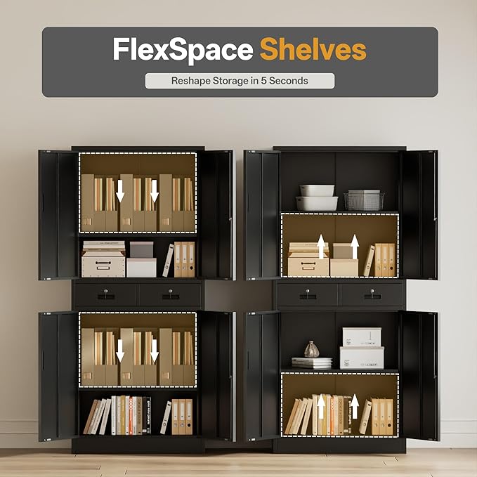 Metal Storage Cabinet，71" Garage Storage Cabinet with 2 Locking Drawer and 2 Adjustable Shelves ，Black Tool Cabinet，Lockable File Steel Cabinet for Home, Office, Gym, School.