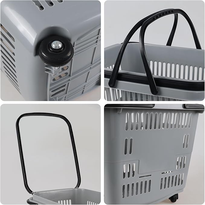 50 L Plastic Rolling Shopping Basket with Long Handle, Large Portable Retail Baskets Set for Groceries, 4 Packs