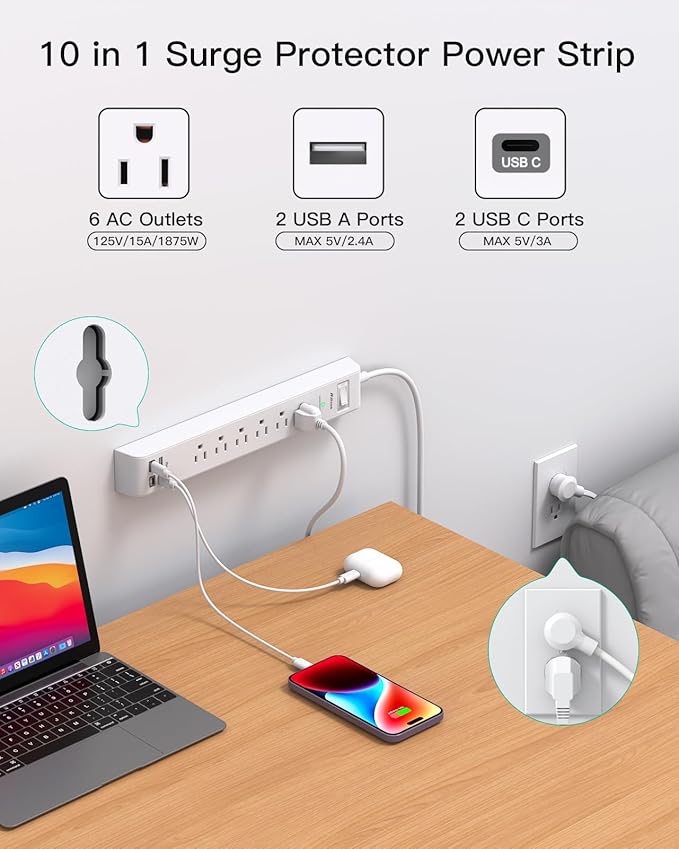 2 Pack Power Strip Surge Protector, 15FT Long Extension Cord, Surge Protector with 6 Outlets and 4 USB Charging Ports(2 USB C), Flat Plug Overload Protection, Wall Mount for Home Office Dorm College