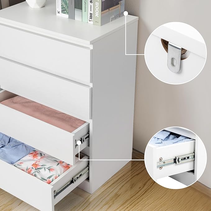Dresser for Bedroom, Modern Wood Dresser Chest of Drawers, No Handle Storage Cabinet for Girls, Anti-Tipping Device, Living Room, Home Office, Hallway Organizer (White, 4 Drawers)