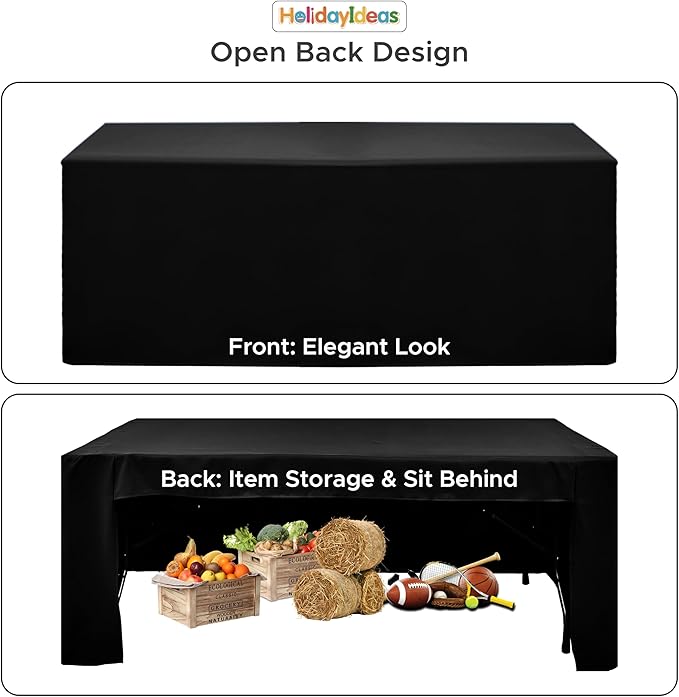 HolidayIdeas Black Open Back Fitted Rectangle Tableclothss for 8 Ft Table, 3-Sided Table Covers 96x30 Inch for Craft Fairs, Banquets, Trade Show Display, Black,6 Pcs