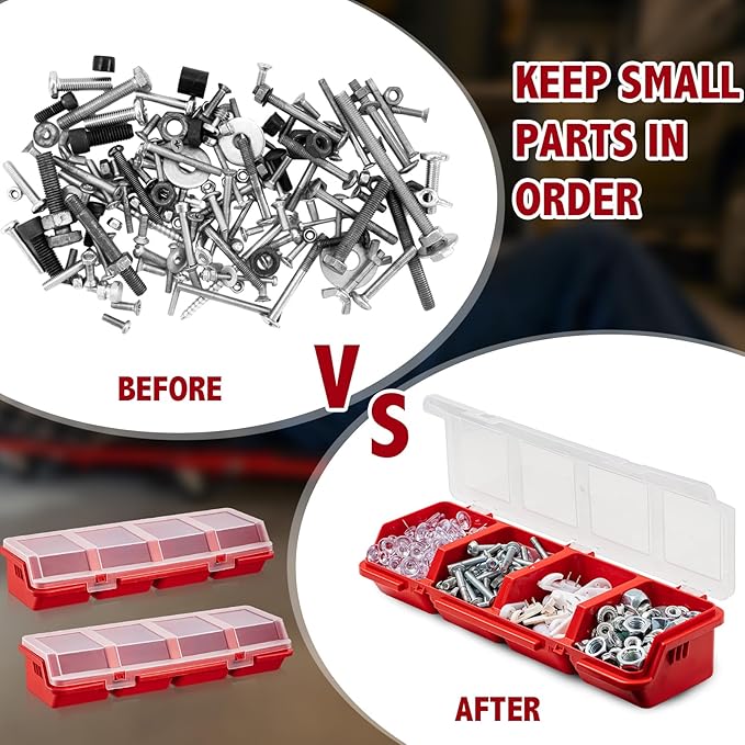 Hushee 6 Pcs Screw Organizer Box with Lid 4 Compartments Tool Bin Divider Plastic Stackable Hardware Organizer Small Part Storage Sorting Screw Box for Garage Workbench Craft Storage (Red)