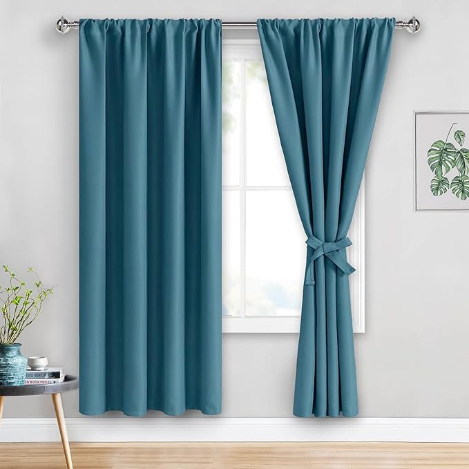JIUZHEN Blackout Curtains for Bedroom - Thermal Insulated Room Darkening Rod Pocket Curtains for Living Room, Set of 2 Panels with Tiebacks, 52 x 72 Inch Length, Stone Blue