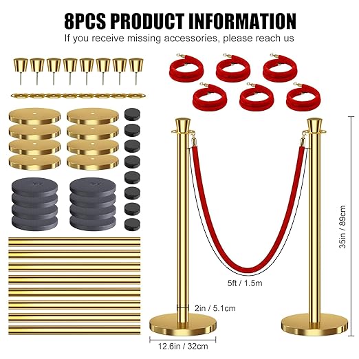 kaiyomi 8Pcs Stanchions with Red Velvet Ropes Set, 5 Feet Velvet Ropes and Posts Poles for Red Carpet Party Decoration and 360° Photo Booth (Golden)