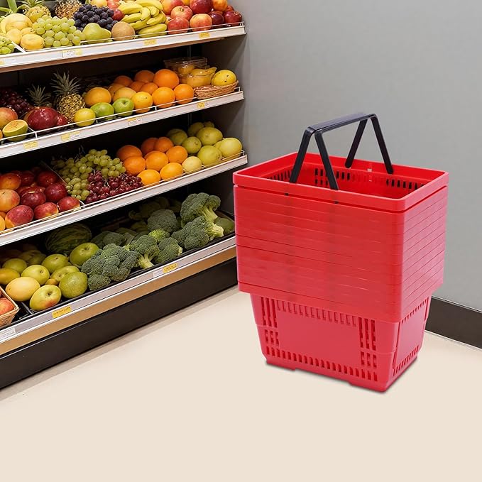 12 PCS Shopping Baskets with Handles, 18L Red Plastic Shopping Basket, Portable Grocery Basket Essential for Supermarket Retail Shop Book Store Laundry(17" x 12" x 9", Red)