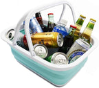 SAMMART 9.2L (2.37Gallon) Collapsible Tub with Handle - Portable Outdoor Picnic Basket/Crater - Foldable Shopping Bag - Space Saving Storage Container (Grey & Lake Green, 2)