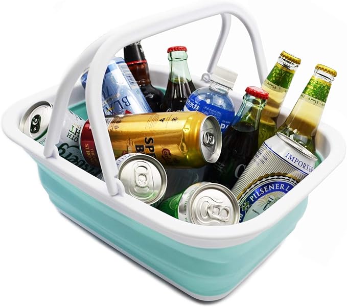 SAMMART 9.2L (2.37Gallon) Collapsible Tub with Handle - Portable Outdoor Picnic Basket/Crater - Foldable Shopping Bag - Space Saving Storage Container (Grey & Lake Green, 2)