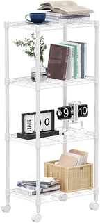 1000 lbs 4-Shelf Adjustable Heavy Duty Steel Wire Rack, Adjustable Storage Shelving Unit with Wheel for Kitchen, Garage, Laundry White 11.8" D x 17.7" W x 40.8" H