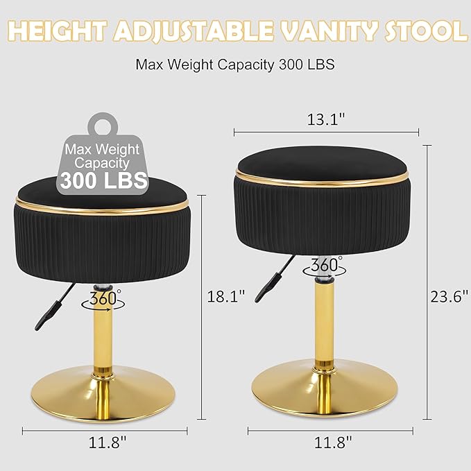 Adjustable Vanity Stool with Storage, 360° Swivel Makeup Stool Chair Small Velvet Round Ottoman with Gold Base for Bedroom (Black)