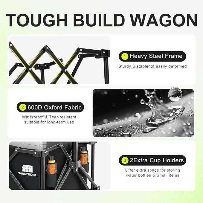 Collapsible Wagon Cart with Extended Tailgate,Heavy Duty Folding Cart, 155L Foldable Utility Wagons for Beach, Picnic, Grocery, Outdoor Camping(Black)