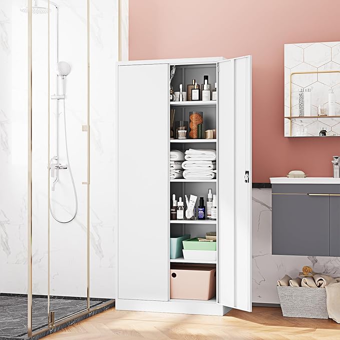Metal Storage Cabinet-72” Tall Steel File Cabinets with Lockable Doors and Adjustable Shelves-White Steel Storage Cabinet for Kitchen, Office, Garage