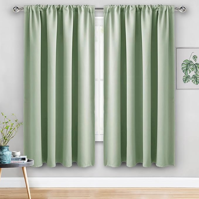 JIUZHEN Blackout Curtains for Bedroom - Thermal Insulated Room Darkening Noise Reducing, 60 x 63 Inch Length Curtains for Living Room, Set of 2 Panels with Tiebacks, Light Green