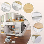 Kitchen Island with Storage, 43.3" Island Table for Kitchen with Widen Drop Leaf Rubberwood Top, Trash Can Storage and Towel Bar, Rolling Kitchen Island Cart on Wheels for Indoor Outdoor, White
