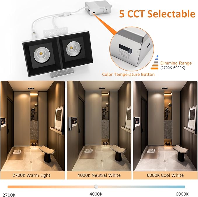 LED Square Recessed Lighting, 24W Aluminum Trimless Downlight, Adjustable Ceiling Light with junction Box, 5 CCT 2700K-6000K, TRIAC Dimming Rotation Spotlight for Living Room Bedroom Hallway Kitchen